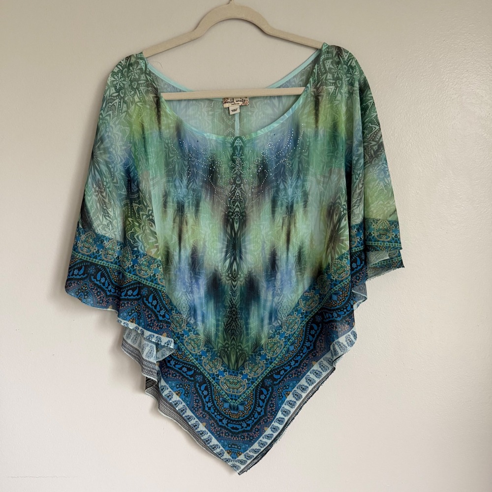 Y2K Boho World Unity Blue‎ Green Paisley Tie Dye Rhinestone Poncho Top Plus 1X